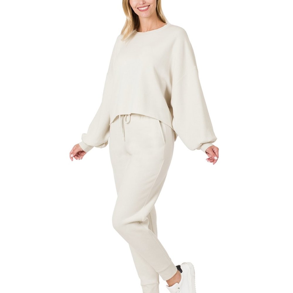 Bone Balloon Sleeve Soft Stretch Sweatshirt & Jogger Pants Set